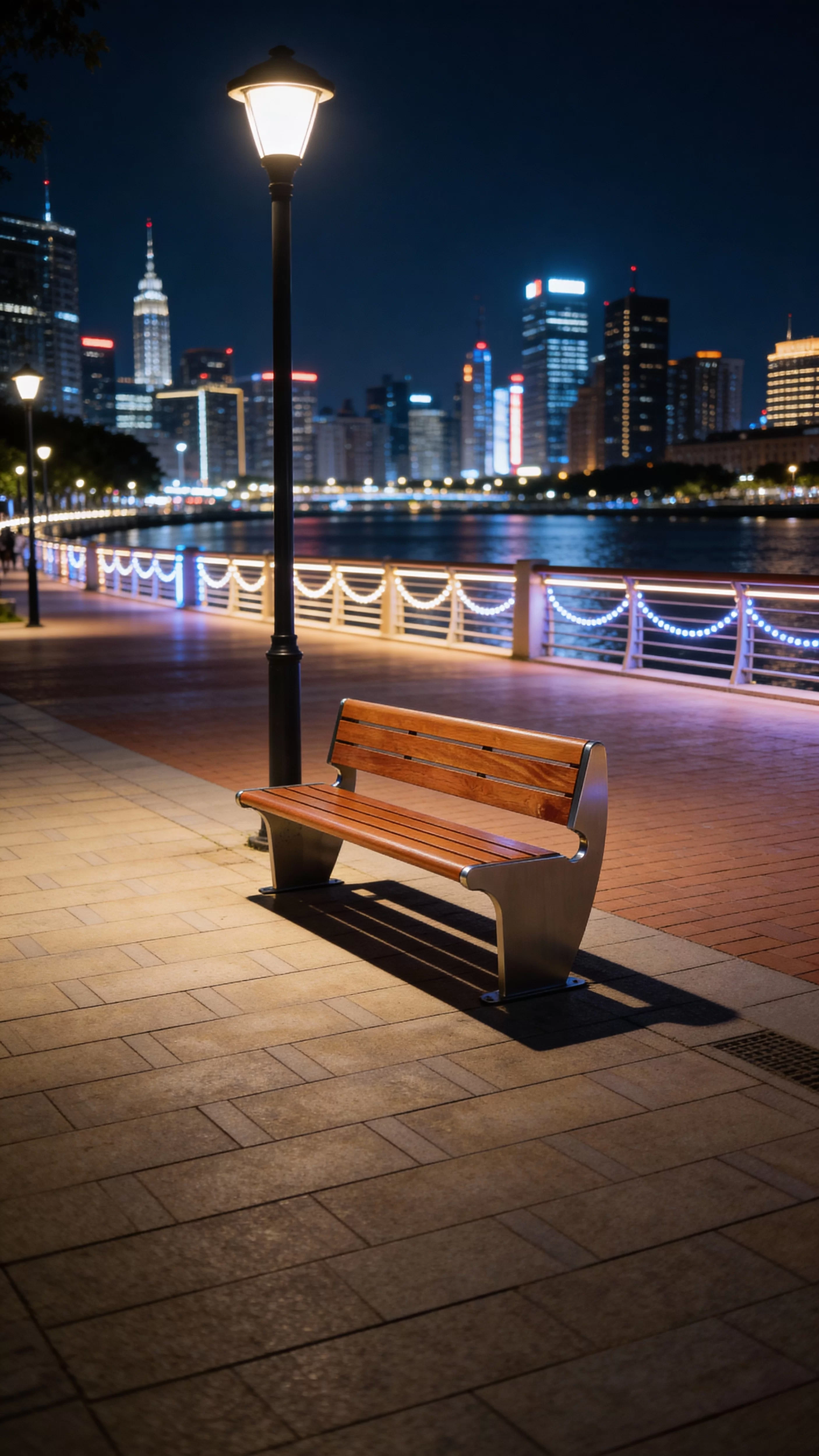 jimeng-2025-12-12-8667-帮我把椅子抠出来，背景换成大城市河边观光带。椅子在路灯下摆放。重点不要改变椅子外...jpg