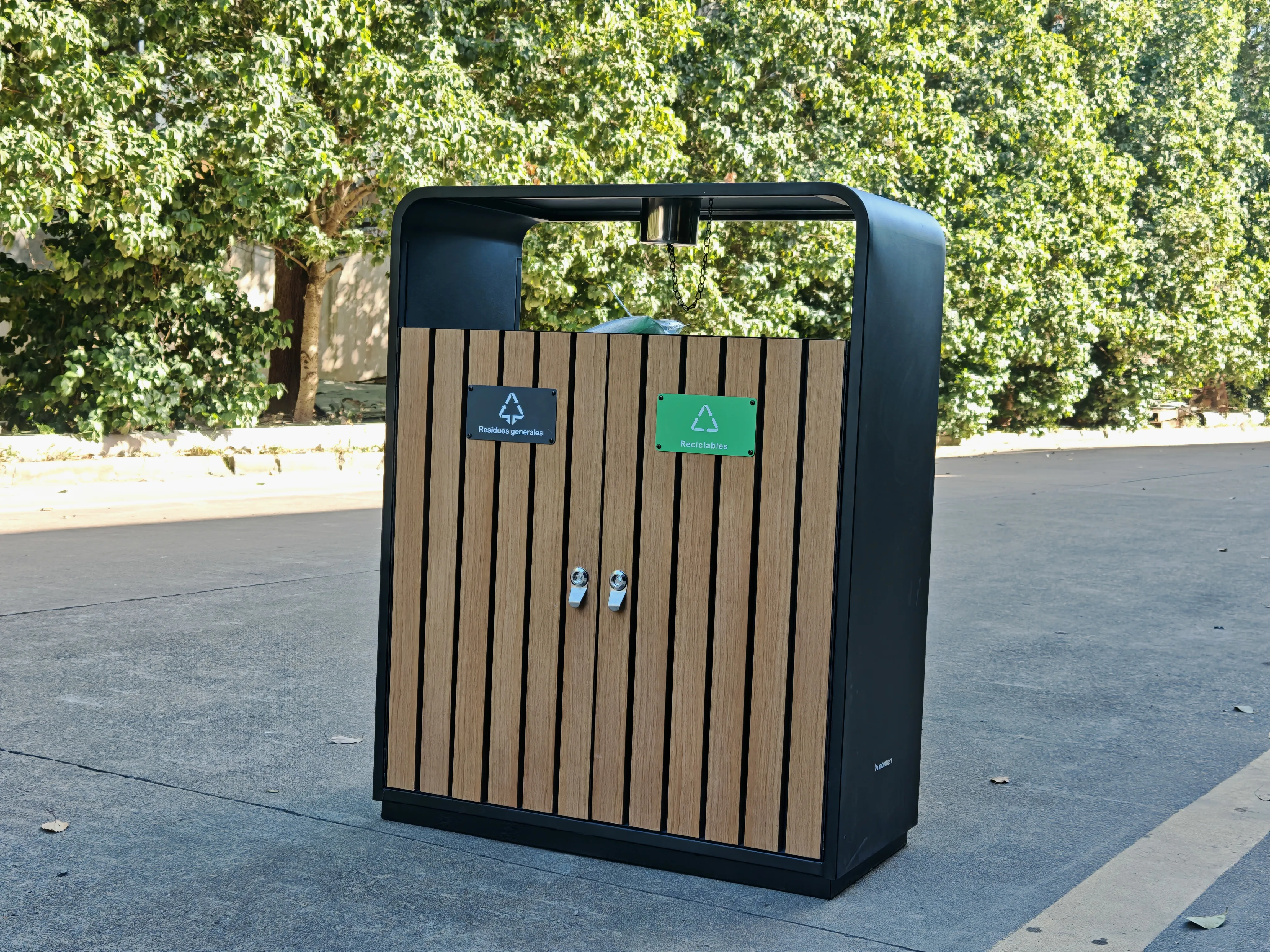 Wooden outdoor trash cans.webp