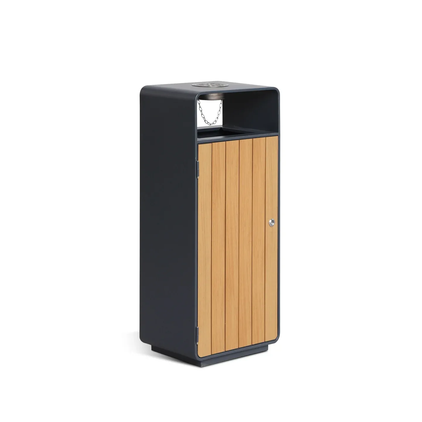 wooden outdoor trash bin with steel frame