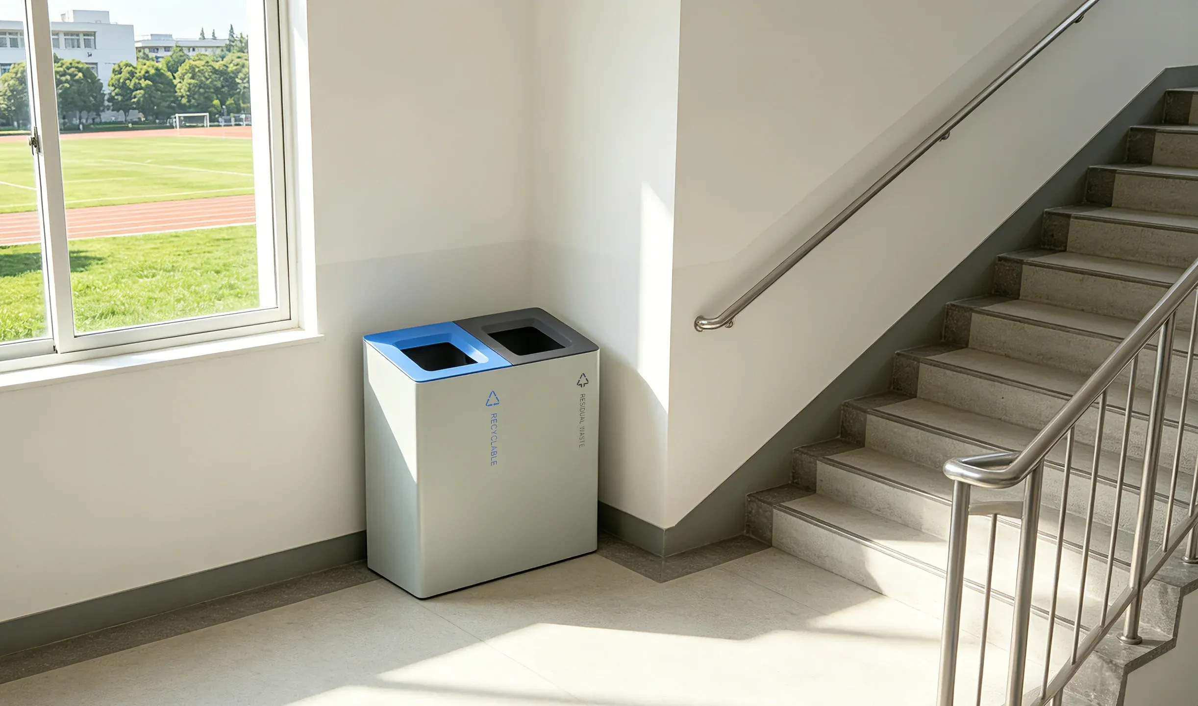 commercial recycling bins for projects in school stairwell