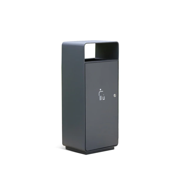 LVEN OTB-04 outdoor trash can with a covered opening and a lockable front service door.