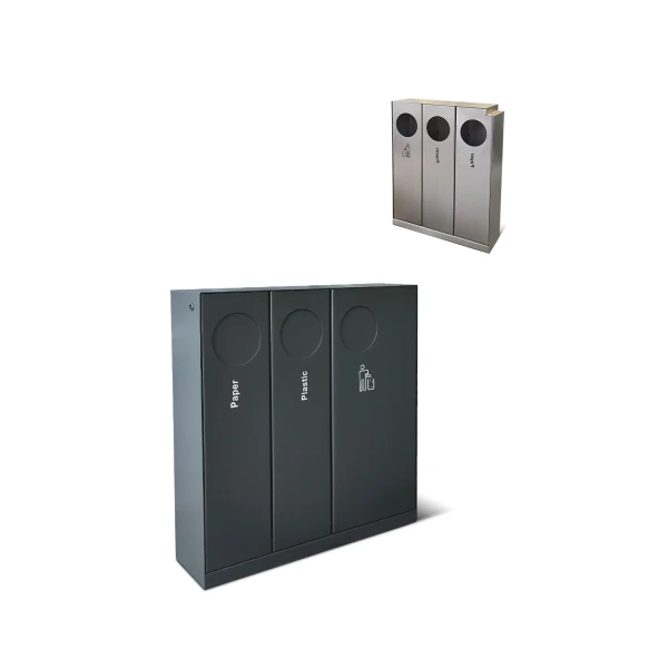 LVEN three-compartment commercial recycling bins with labeled front panels and circular openings.
