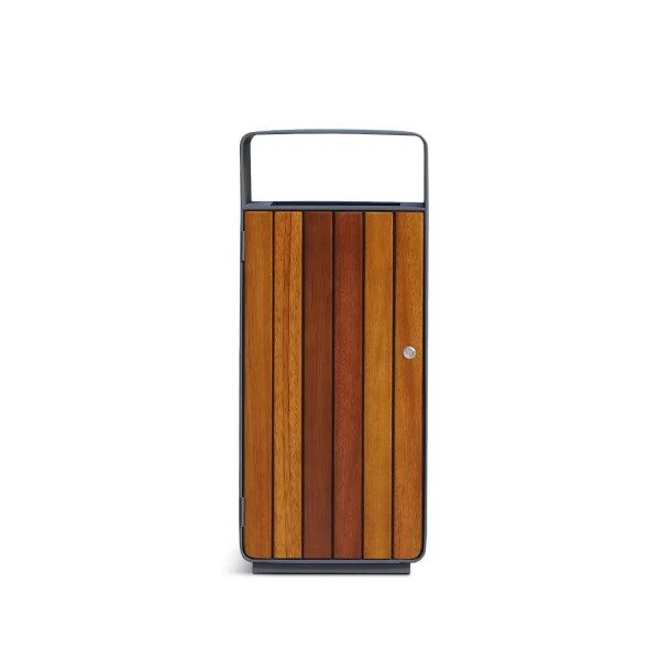 Front view of a complete single outdoor litter bin with a covered opening and slatted door