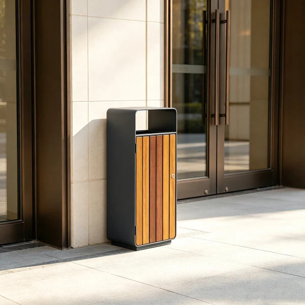 Rectangular wood-slat outdoor trash bin placed beside a commercial building entrance