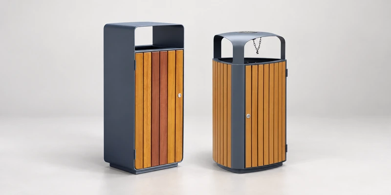 Illustrative comparison of round and rectangular wood-slat outdoor trash bins