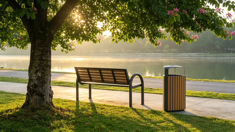 Round public waste bin beside a park bench on an open lakeside path