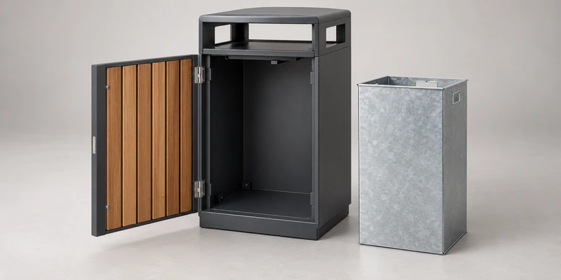 Illustrative outdoor litter bin with its service door open and removable metal liner alongside