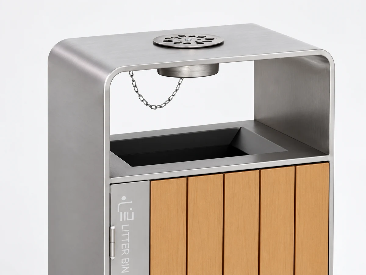 OTM-02C stainless steel trash receptacle with a covered front opening.webp