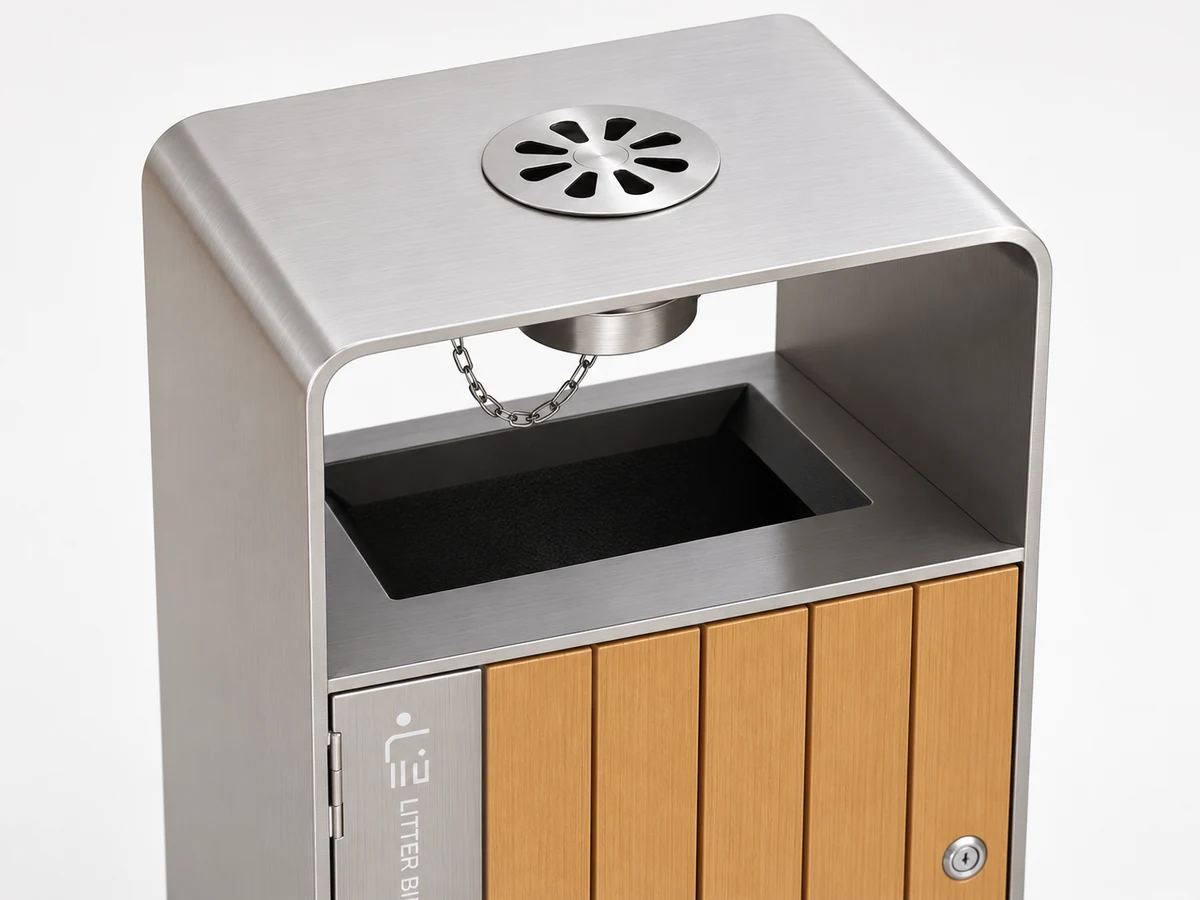 Close-up of the optional circular top ashtray on the OTM-02C outdoor trash receptacle.webp