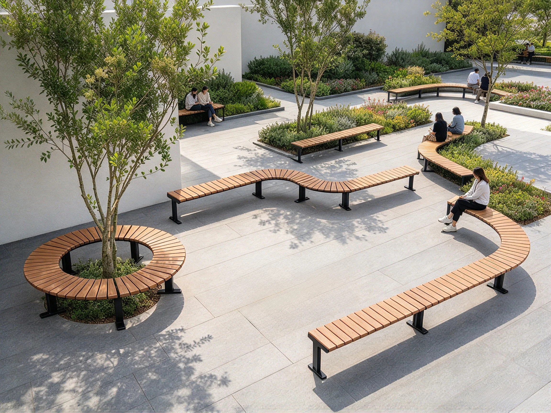 OTZD-12 Landscape courtyard, assorted timber slat benches of various shapes for public rest.jpg