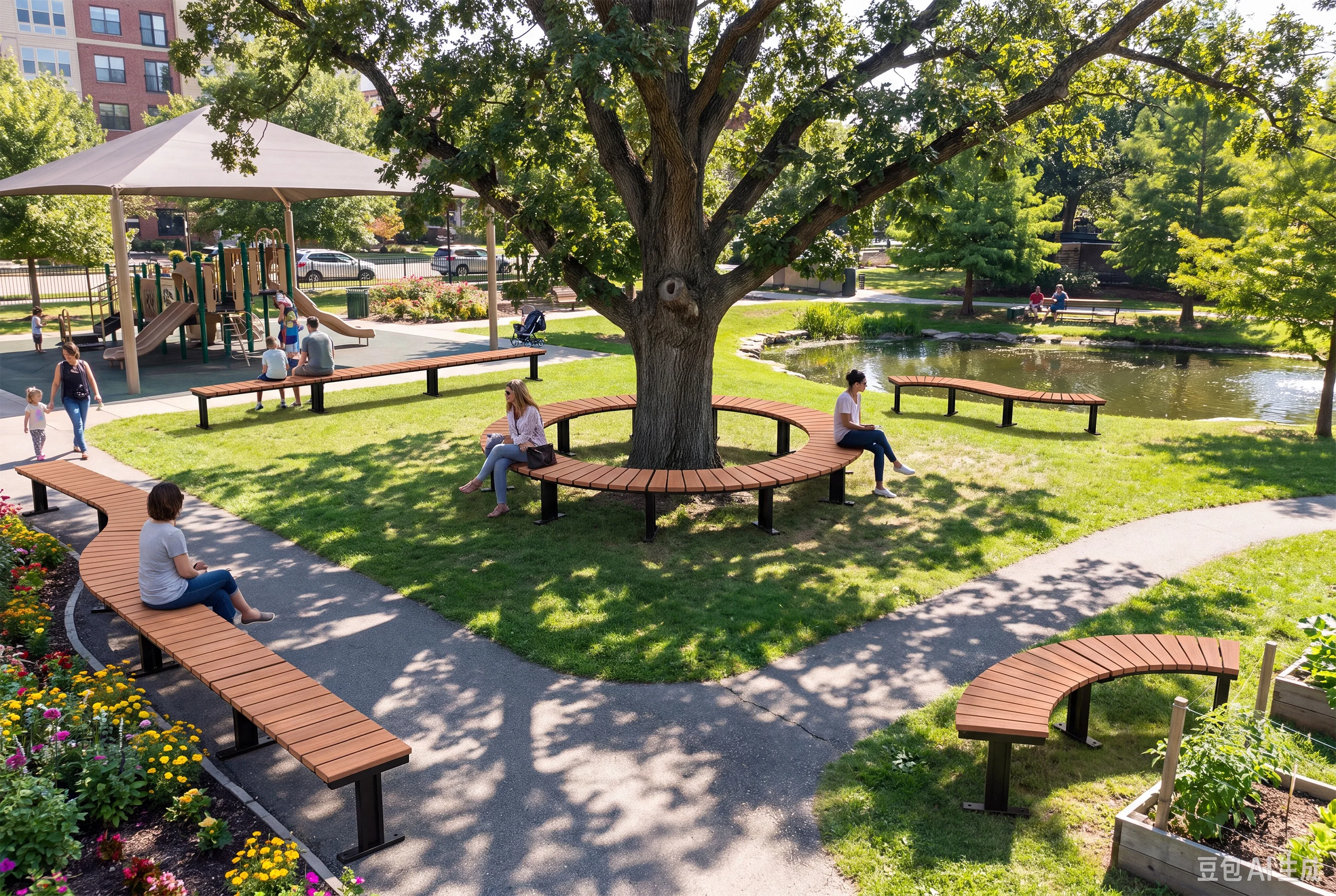 OTZD-12 Park scene multiple curved and straight wooden slat benches around tree outdoor landscape.jpg
