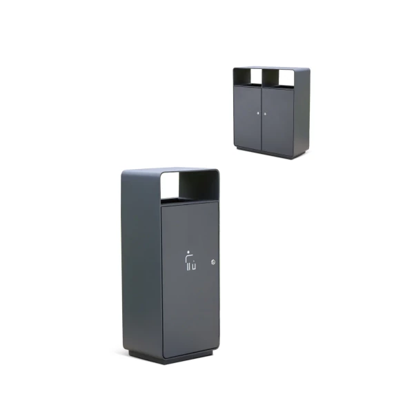 Single and paired outdoor bin configurations shown as complete products