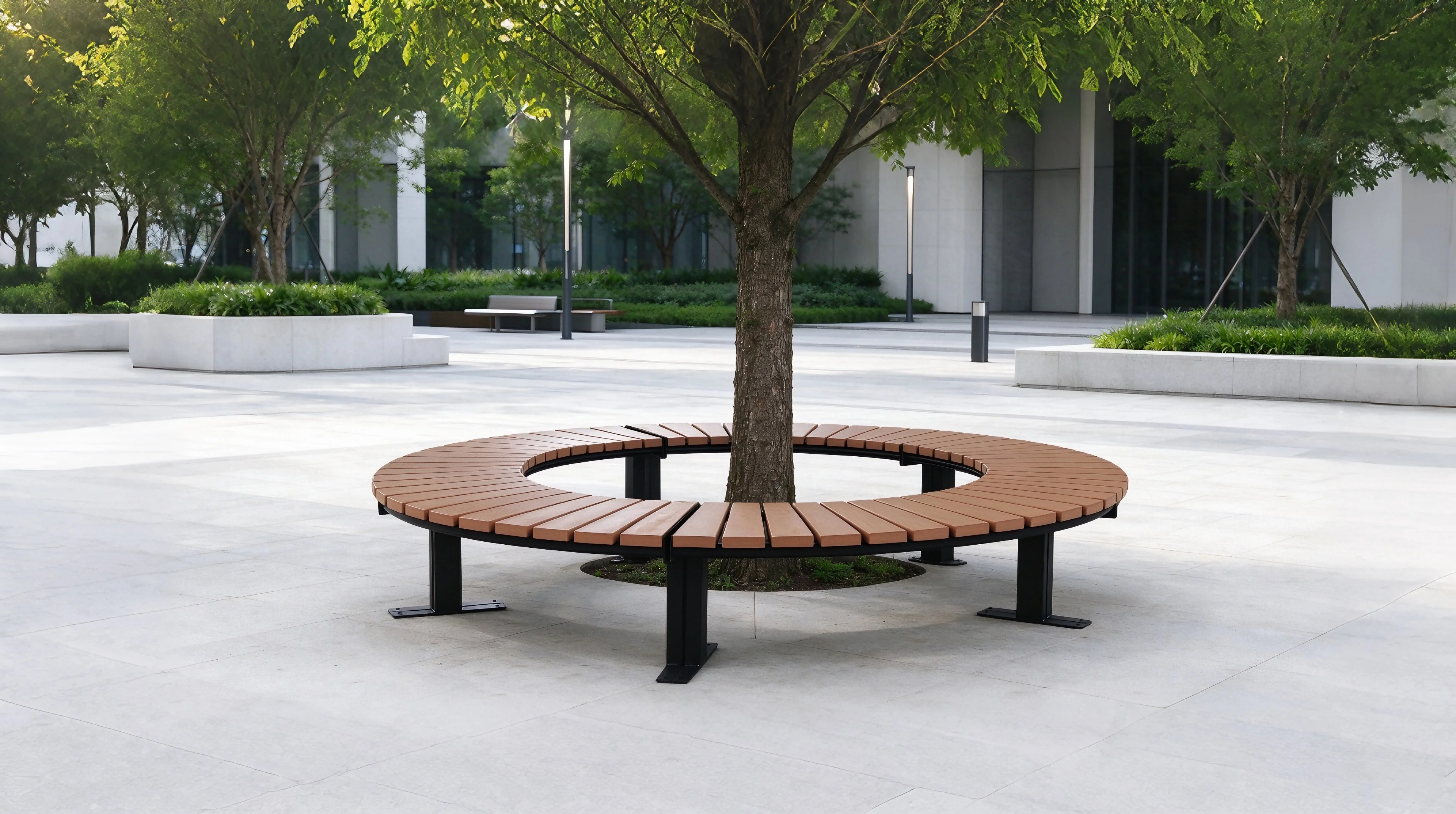 OTZD-12 Round tree bench, timber slat seating in contemporary office landscape plaza.jpg
