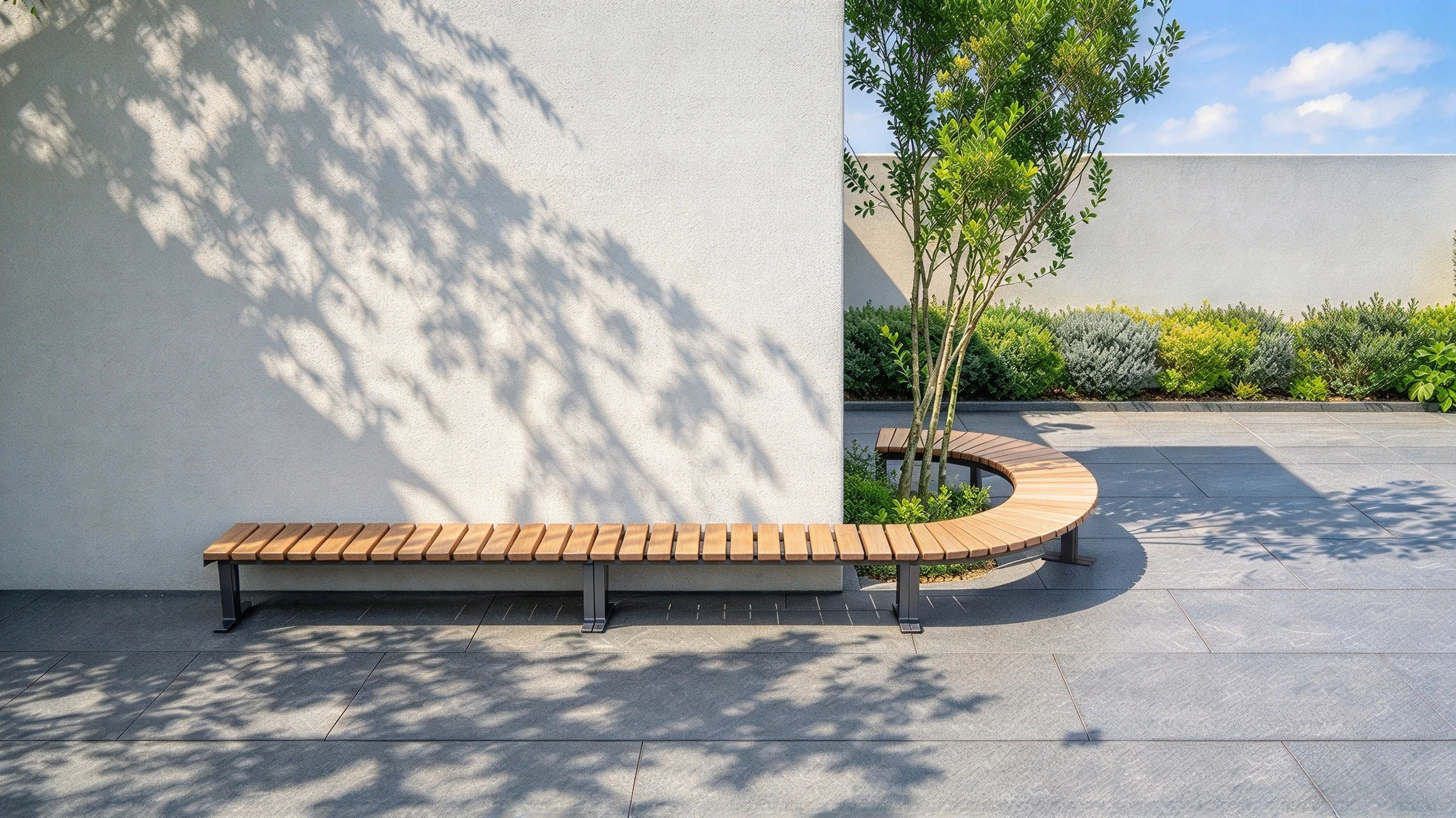 OTZD-12 L-shape timber slat seating bench beside tree in minimalist garden.jpg