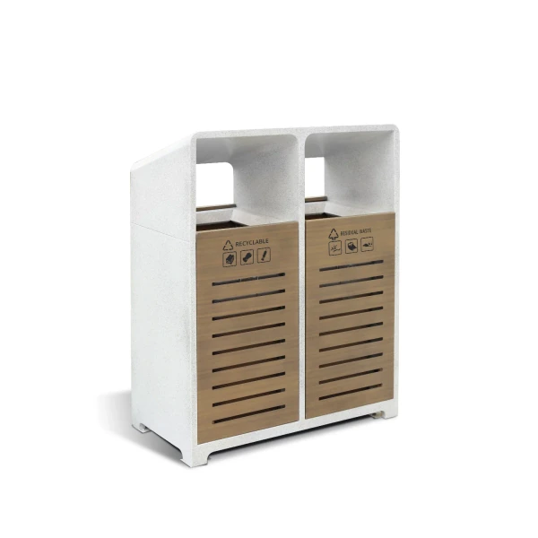 Complete two-compartment outdoor recycling station with wood-look front panels