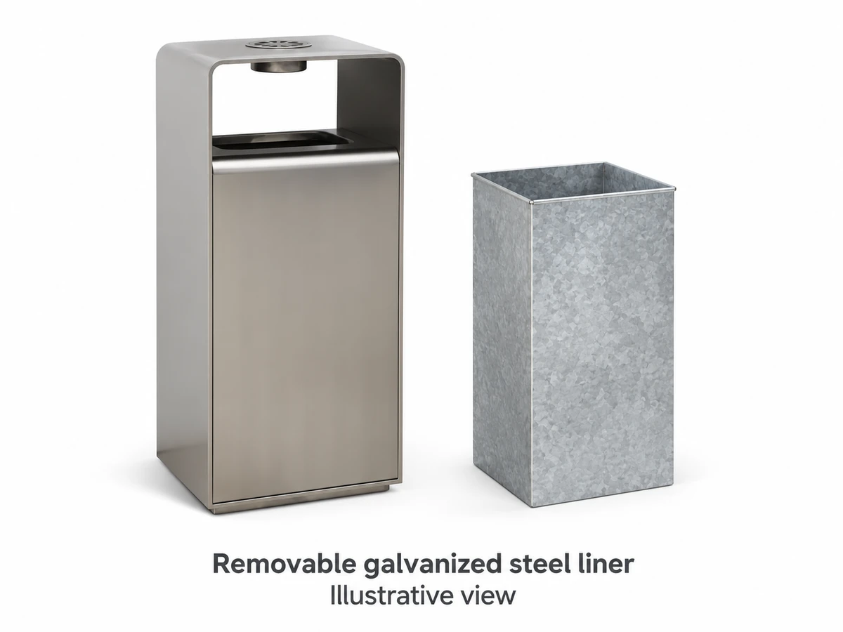 Illustrative removable galvanized steel liner beside the OTX-02C outdoor litter bin