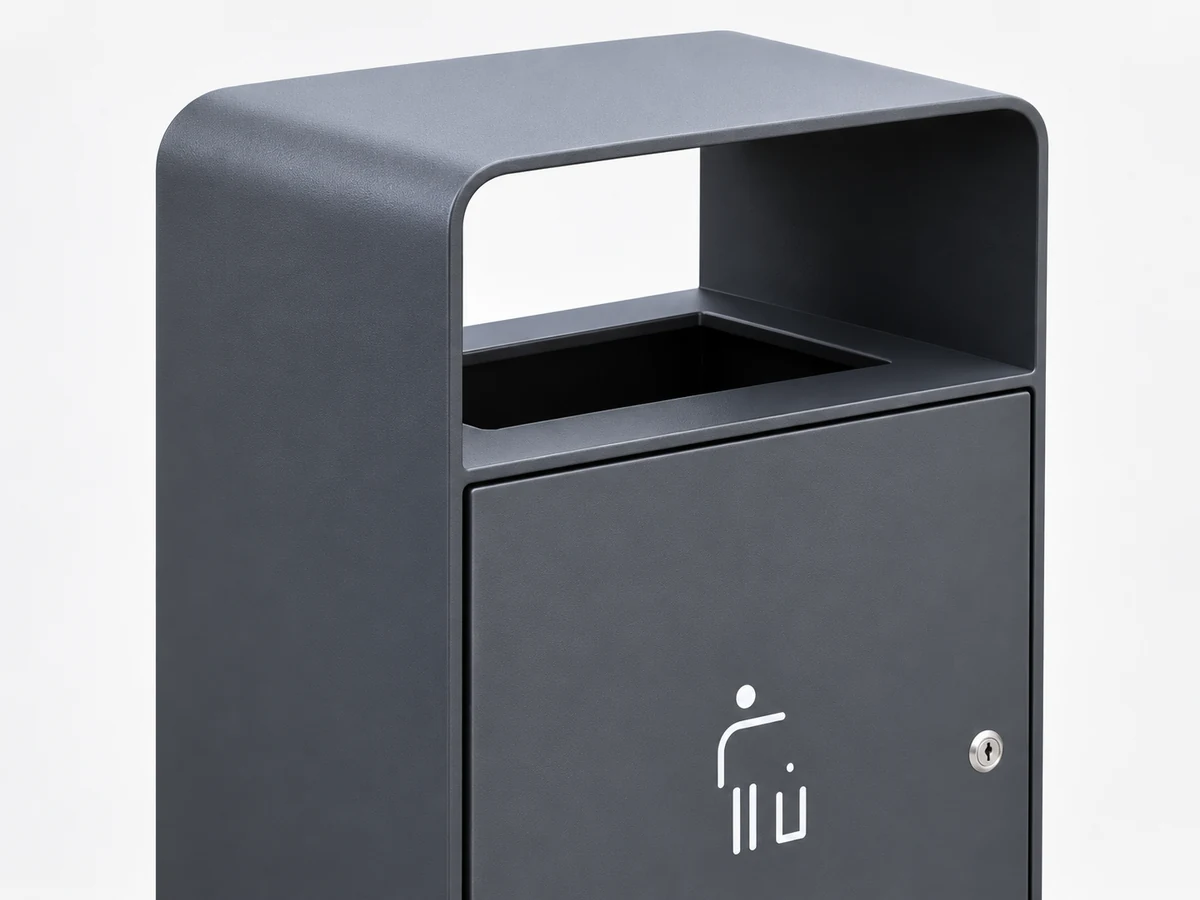 OTB-04 outdoor metal trash bin with an integrated curved top cover and covered opening