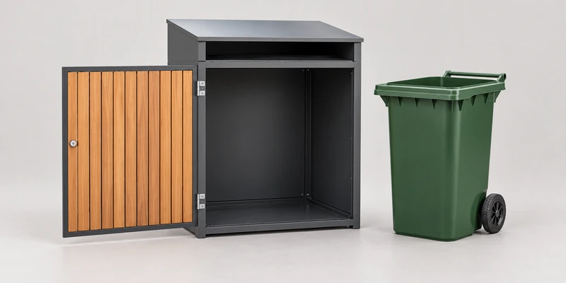 Generic wheelie bin housing concept with door open and a two-wheeled container beside it