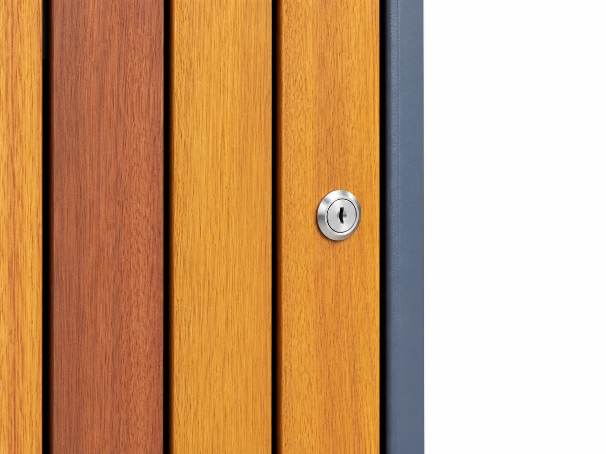Round lock on the wooden service door of the OTM-04BM outdoor trash bin