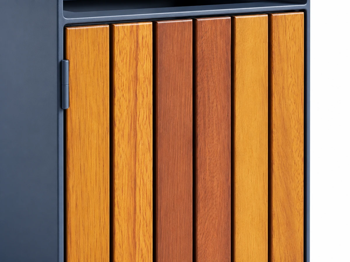 Vertical Bintangor wood slats and natural grain on the OTM-04BM outdoor trash bin