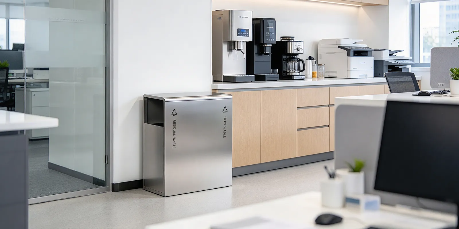 Dual-compartment recycling bin beside the coffee counter in an office break room