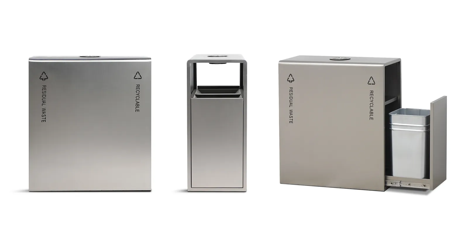 Front, side and pull-out liner views of a stainless steel recycling station