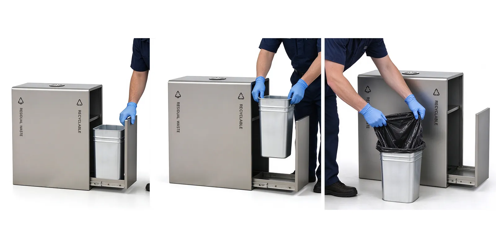 Cleaning staff removing an inner liner and replacing a trash bag in an office waste bin