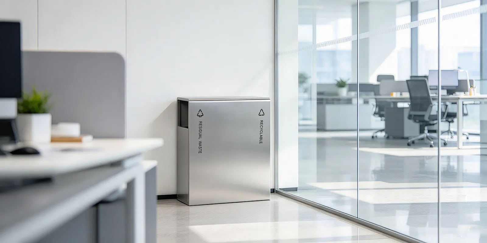 Office recycling station beside a glass-partitioned meeting room