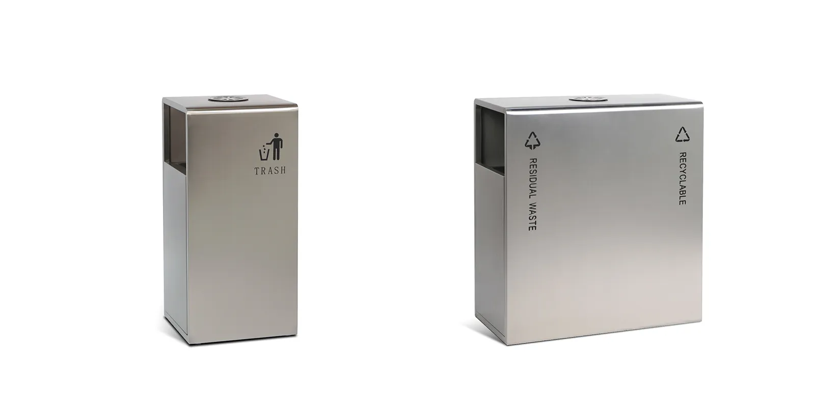 Single and dual-compartment stainless steel bins for office waste collection