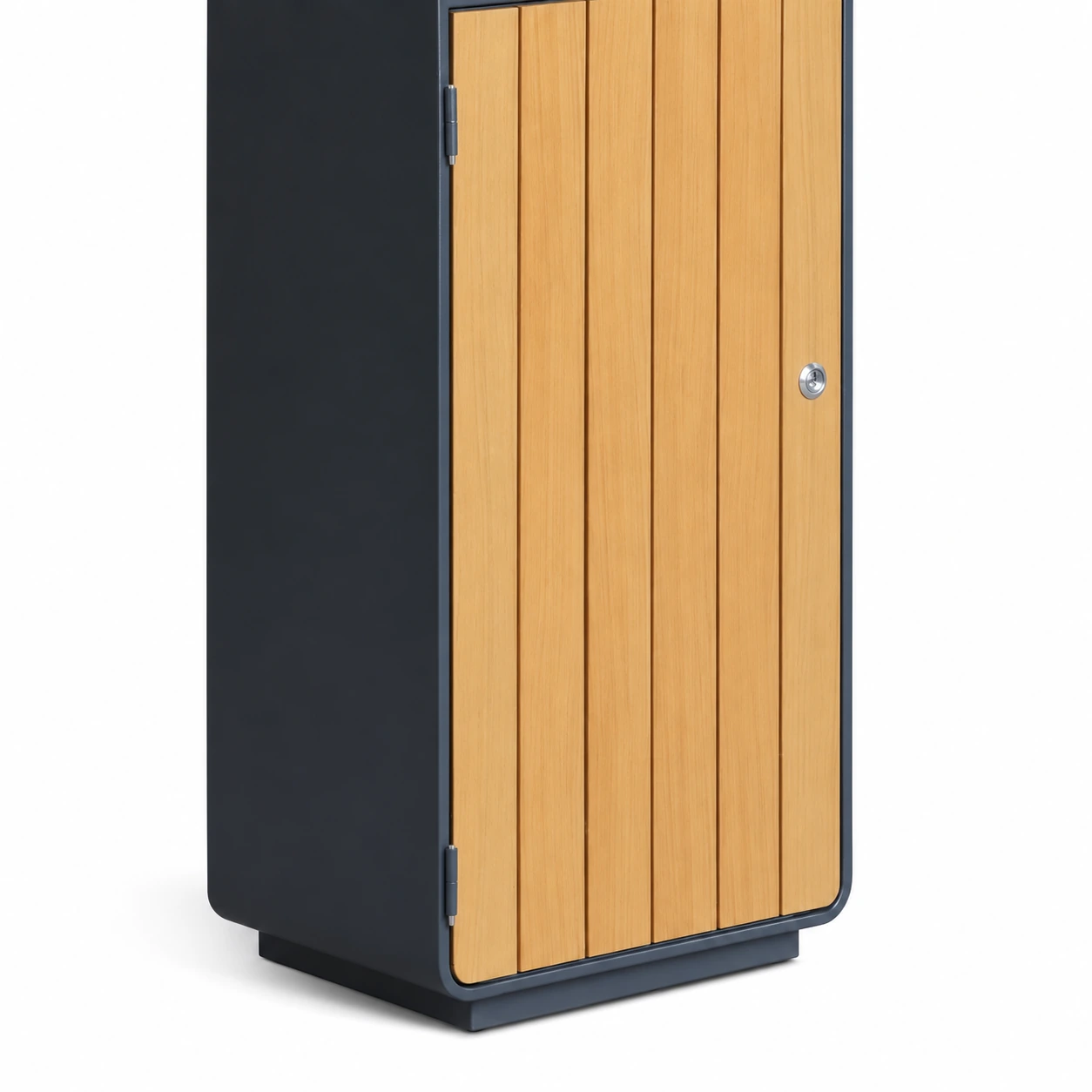 OTM-04BS vertical PS wood-look slats on the front service door beside a smooth charcoal metal side panel