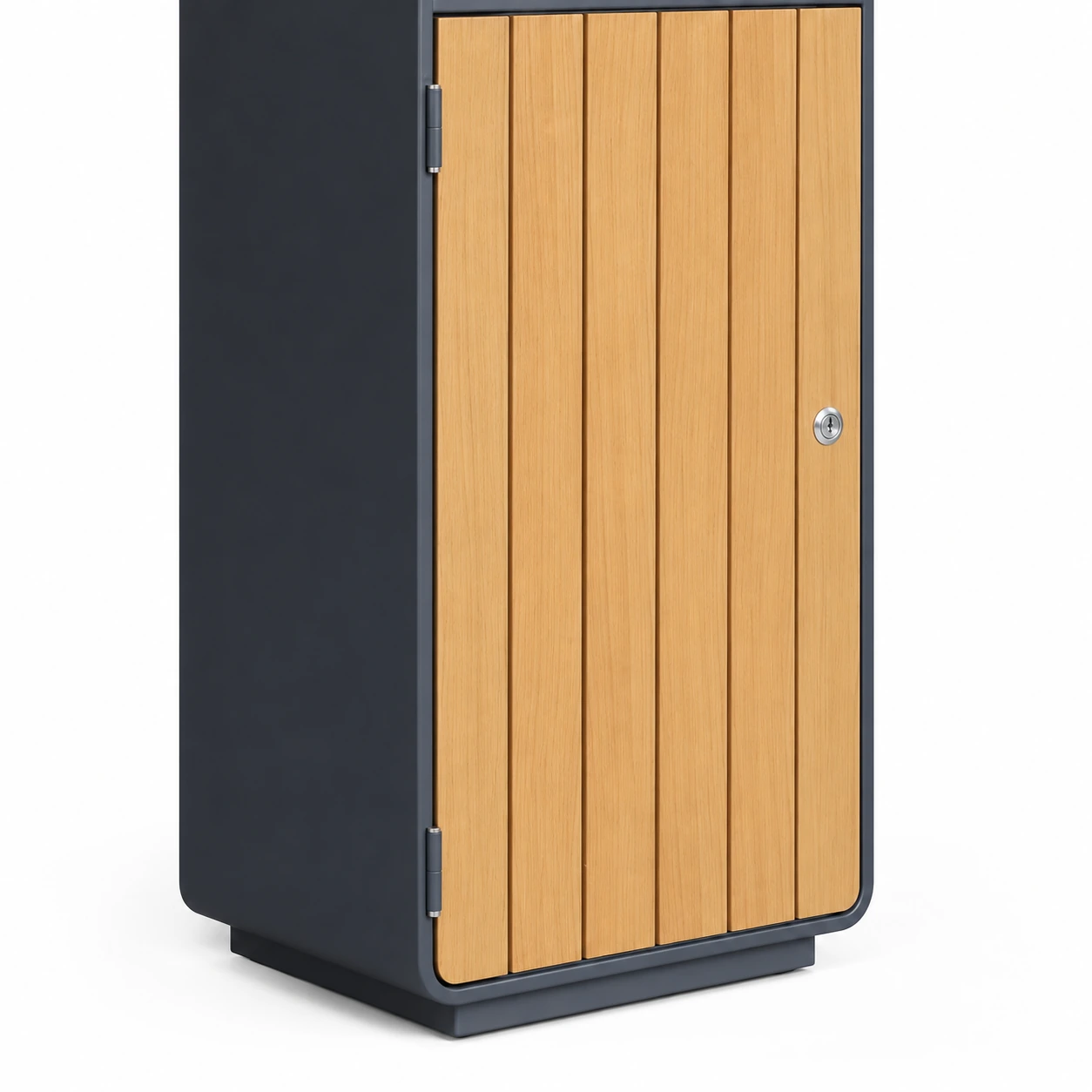 OTM-04BS closed wood-look slatted service door with a round silver lock on the right and hinges on the left