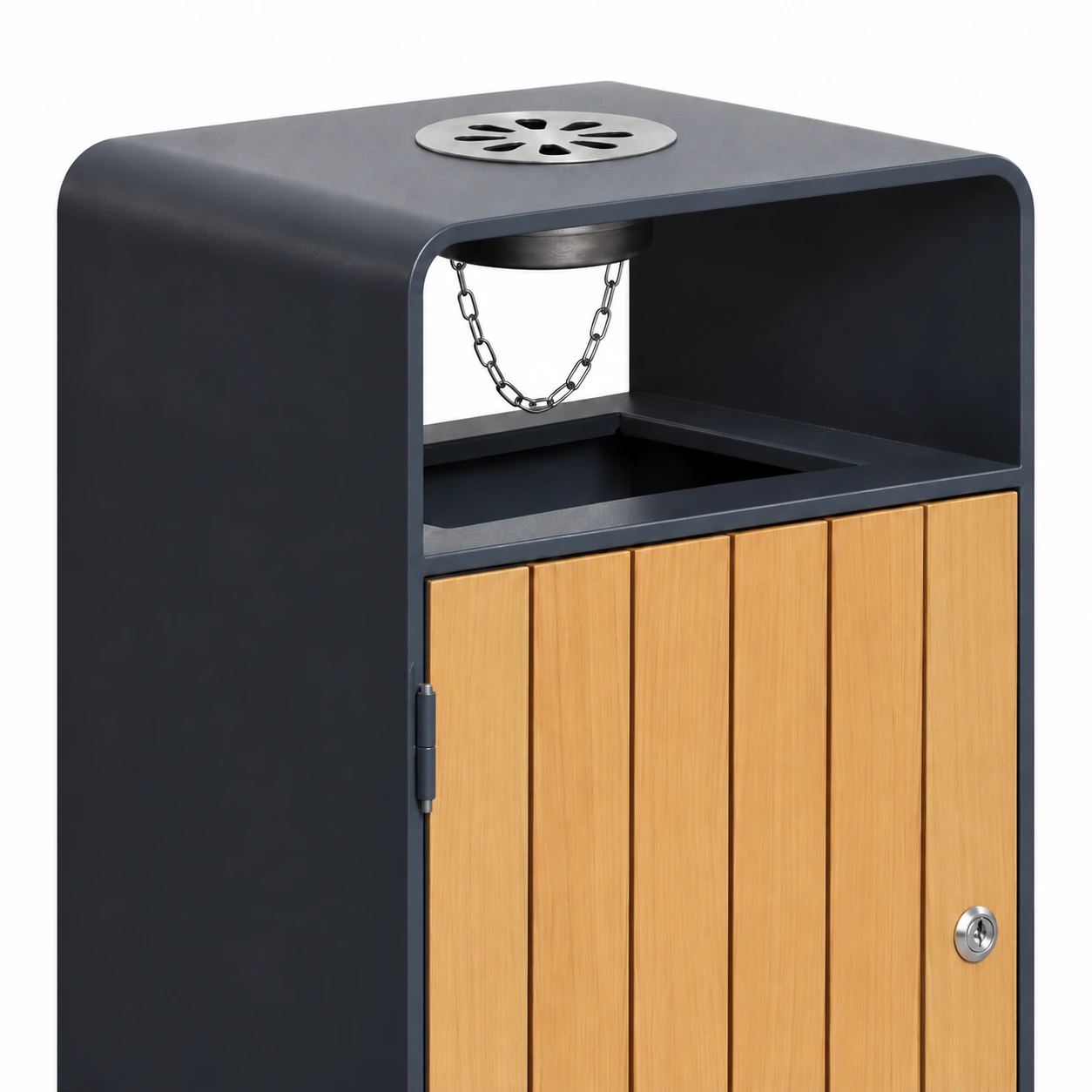 OTM-04BS optional round top ashtray with its collection cup and retaining chain above the waste inlet