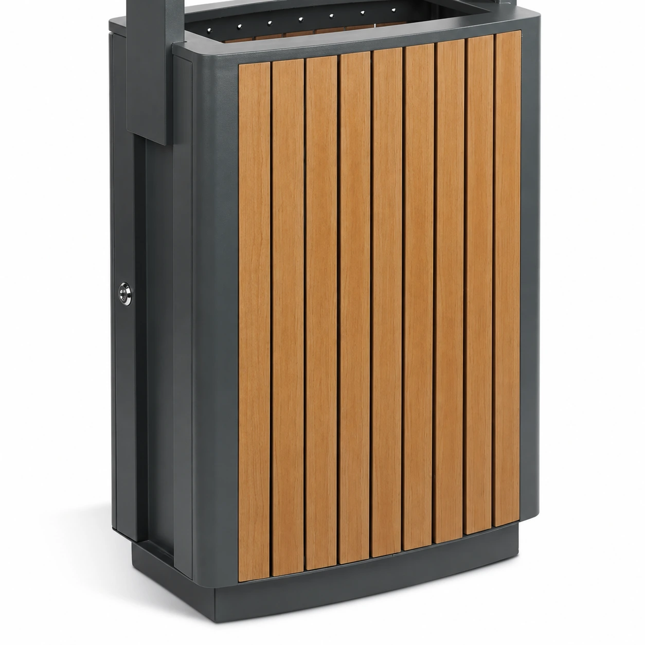 OTM-16A vertical PS wood-look slats framed by dark gray metal corner sections and upper rim